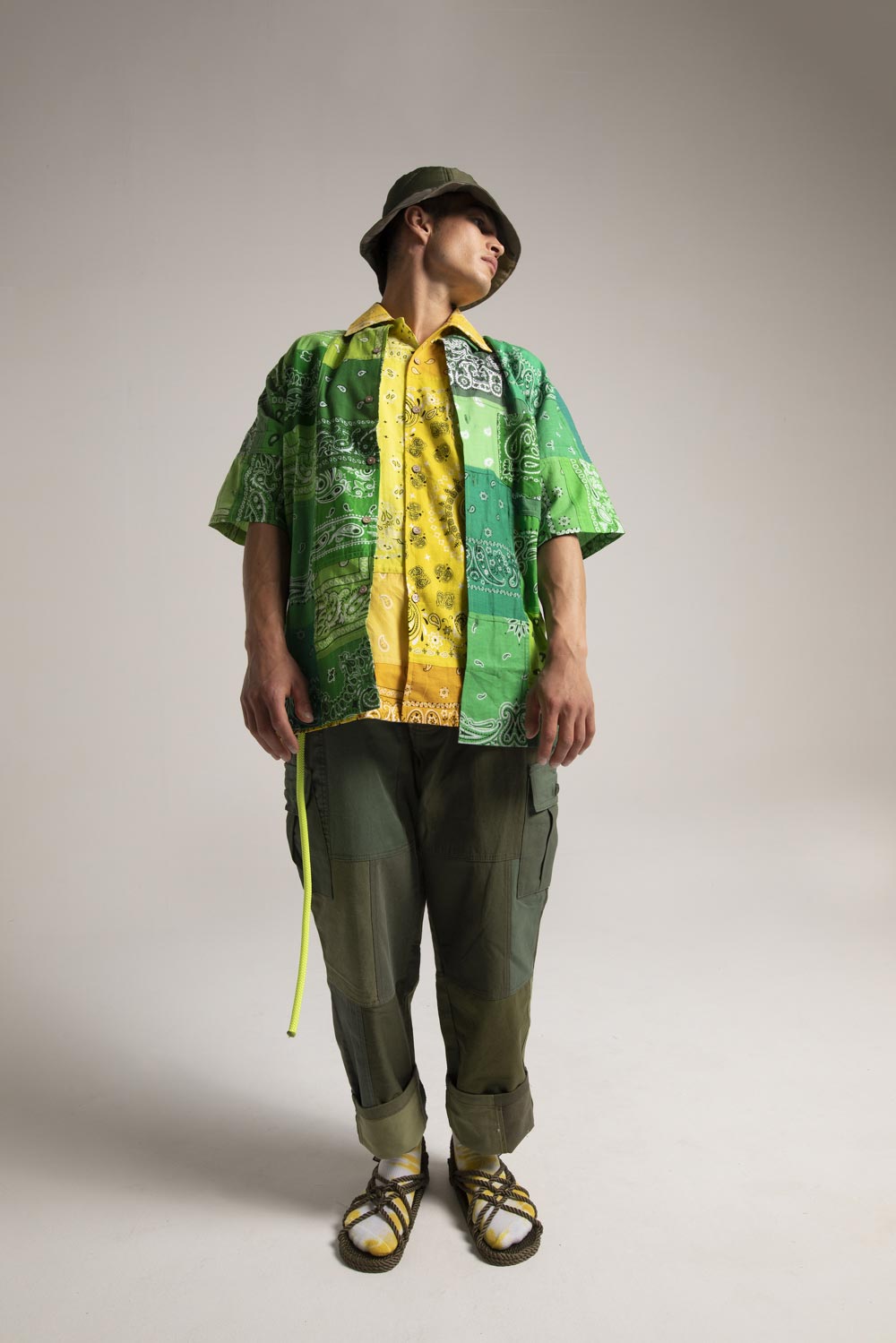  Green And Yellow Shirts // Military Patchwork Pant // Lining 65 Bob Hat