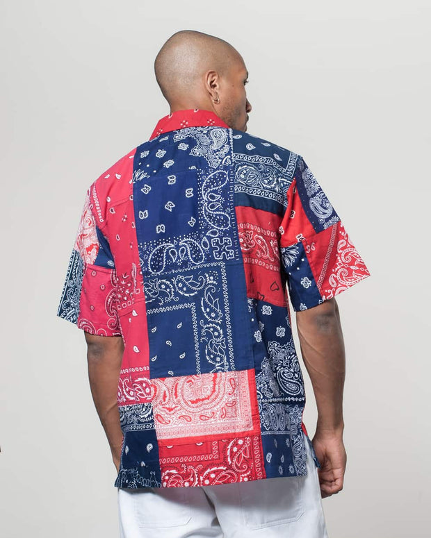 Overlord Upcycling Vintage | Red/Navy Short Sleeves Shirt bandana Patchwork